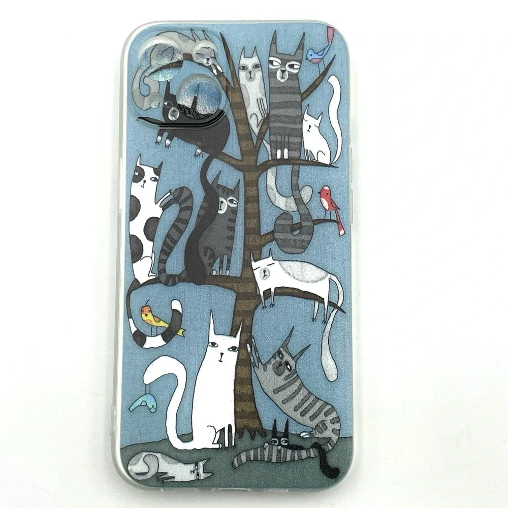 New iPhone 13 Cat Tree Phone Case Whimsical Cats Birds‎ Blue Clear Edge